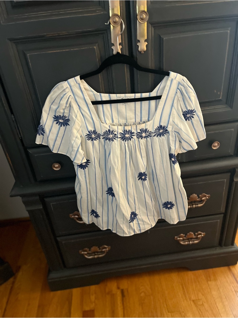 Madewell White and Blue Striped Square-Neck Embroidered Blouse